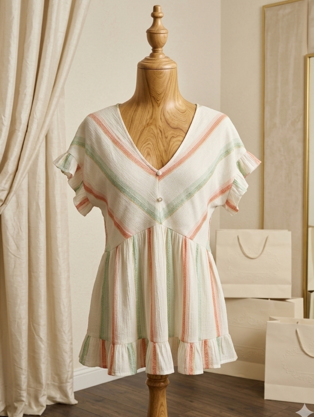 Blu Pepper Flowy Striped V-Neck Top Cream Mauve Green Sz S